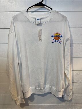 NWT PACSUN Hard Rock Cafe White Crewneck with Blue & Yellow Logo- LARGE